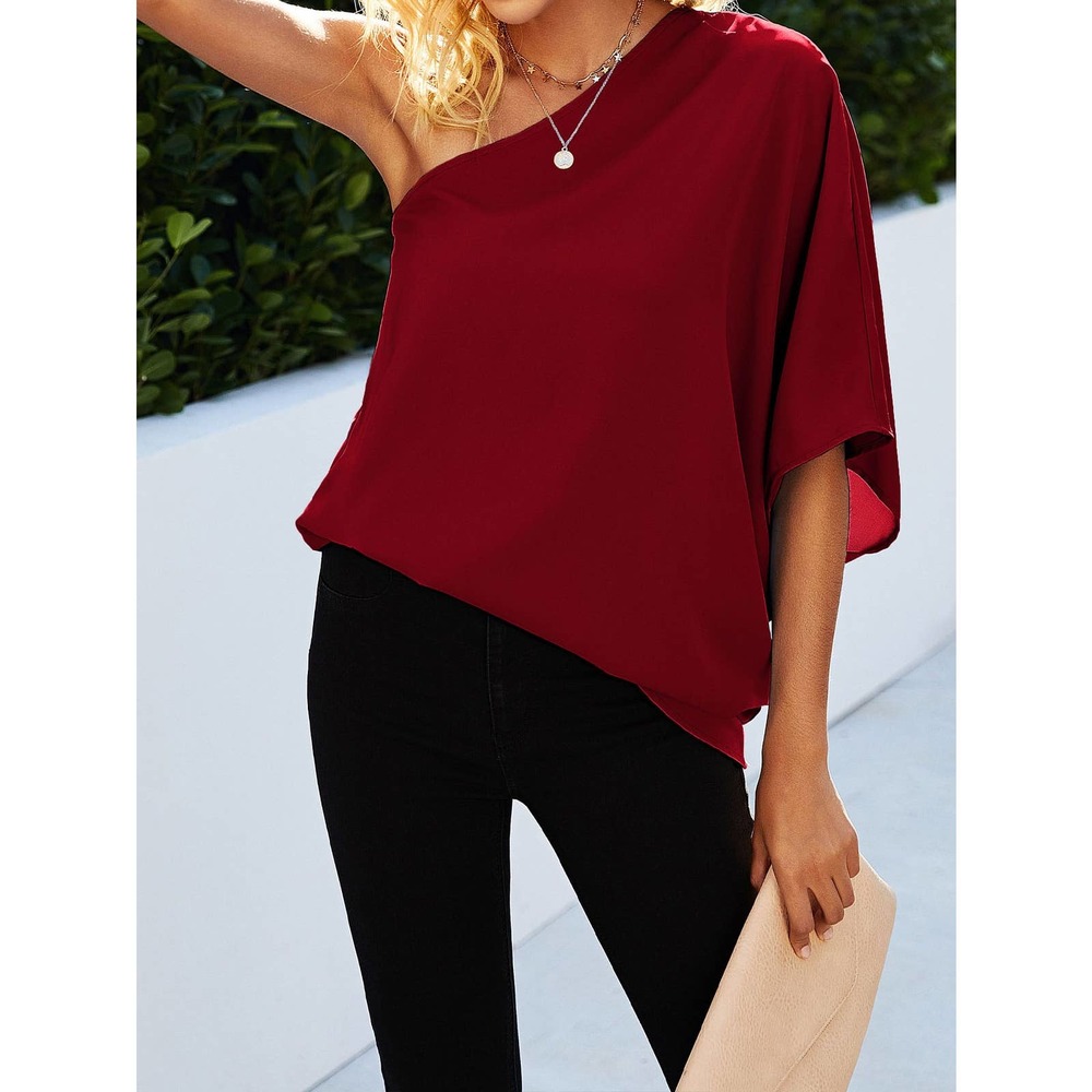 Off the shoulder One Shoulder Batwing Sleeve Blouse boho burgundy - Picture 2 of 10